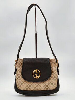 Gucci GG Monogram Canvas Brown Leather Shoulder Bag Gold Logo